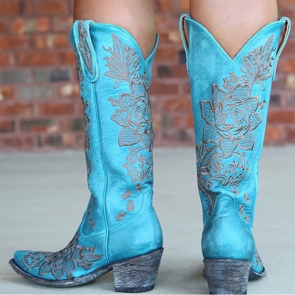 WESTERN Blue Turquoise Heeled Boots with Gray Floral Embroidery Size 8.5 - Picture 5 of 9